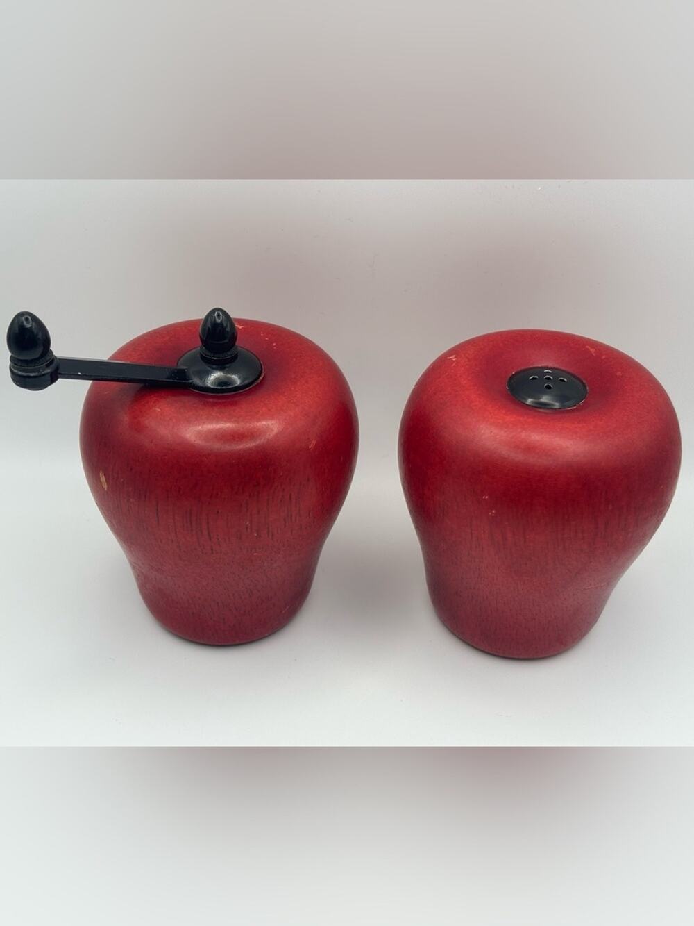 Vintage Wooden Red Apple Shaped Salt Shaker and Pepper Grinder Set Cooks Club